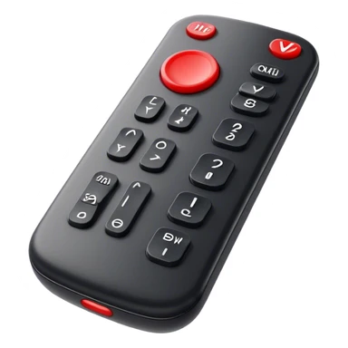One black tv remote control with red border, frontal face in  2 dimensions. The remote control have to have 4 buttons in black and one big one in red and the play sign sticker