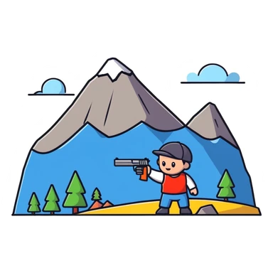 Cute tiny character with a toy gun shooting at a mountain with little figures sticker