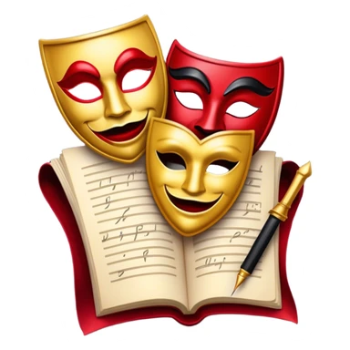 Create a bold and dramatic emoji representing the art of playwriting. The design should feature an open script or a theater playbook, with stylized text lines or dramatic dialogue inside. Include elements like a theatrical comedy and tragedy masks, a stage spotlight, or a writting quill to symbolize creativity and performance. Use deep, contrasting colors like red, black, and gold to evoke the intensity and passion of drama. The overall design should feel dramatic, inspiring, and artistic. Make the background transparent. sticker