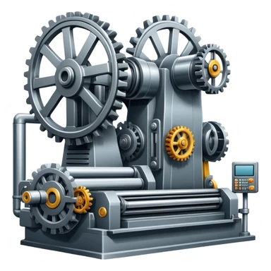An icon featuring a giant machine tool in a factory, manufacturing machines. The design includes gears, mechanical parts, and a production line, representing the art of mechanical engineering and industrial design. Transparent background highlights precision engineering and manufacturing processes. sticker