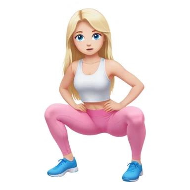 Cinematic realistic blonde with long hair and blue eyes, dressed in a white top and pink leggings, squats sticker