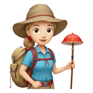 Middle aged women, long brown ponytail with wide brim hiking hat. With backpack and trekking poles. Backpack has a scallop shell with the cross of saint james hanging from it.  Remove the cross and add a scallop shell on a red string hanging from the backpack  sticker