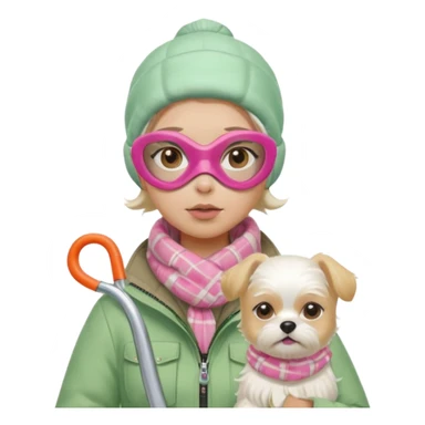 female character in cozy winter outfit, soft pastel green jacket, beige plaid scarf, snorkel mask with pink detailing, holding cute white Maltese dog, angry expression, bright and clear, Apple emoji style sticker