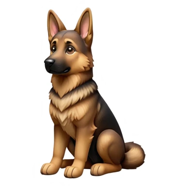 cinematic-[german shepherd]-realistic-full-body-sitting-emoji,-tail-resting-loosely-beside-its-paws,-head-tilted-dramatically,-sleek-[brown and black]-fur,-simplified-yet-realistic-focused-features,-highly-detailed,-glowing-with-an-almost-sarcastic-glow sticker