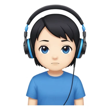 masterpiece, anime style, chibi, illustrated logo, short medium shot, emote for twitch wearing headphones, short black hair, blue t-shirt sticker