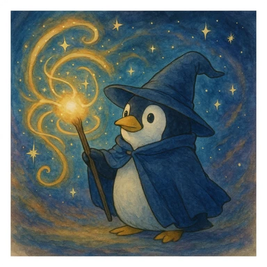 ghibli style penguin wizard casting a spell with a magical background sticker