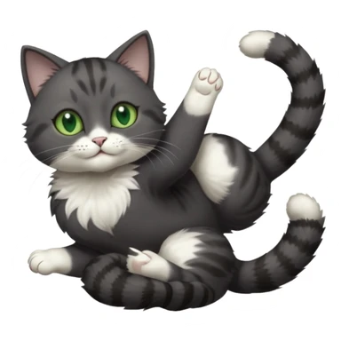 solid dark grey cat with green eyes, white toes/paws and white patch on her chest playfully rolling upside down sticker