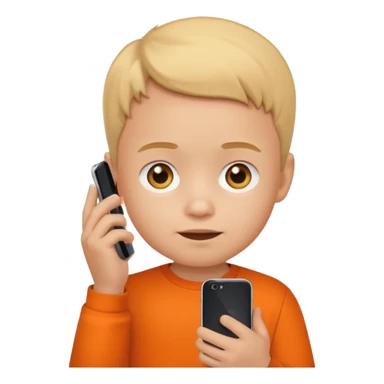 little kid with phone wearing an orange shirt, apple style emoji sticker