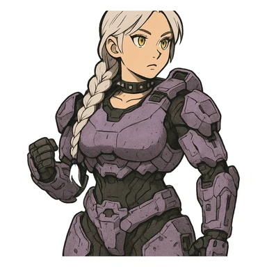 female, wearing reach spartan armor default, long white braid hair, gold yellow eyes, attention pose, halo series, no helmet, the armor is lavender color scheme and has no shoulder pad attachments. DDD bust size fitting. Punk gothic cyberpunk sticker