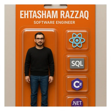 Create a realistic action figure toy of the person in the photo, packaged in a strong orange card blister pack. The figure is inside its own blister. Next to the figure, include four separate blisters, each containing one piece of equipment: 1) a React logo, 2) a SQL logo, 3) a C# logo, 4) a .NET Core logo. Each equipment is in its own individual blister, do not repeat any equipment. On top of the box, write 'Ehtasham Razzaq' and underneath it, 'Software Engineer'. The entire scene should look like a real, professionally packaged action figure toy. The style should be photorealistic and realistic as a real action figure toy packaging. sticker