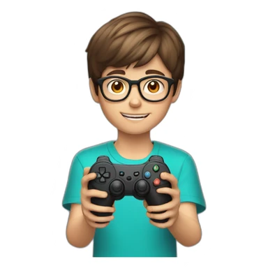 A 12-year-old boy with short brown hair and glasses holds a joystick in his hands sticker