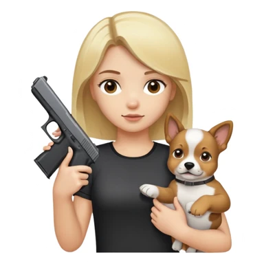Blonde girl with brown eyes holding a glock in one hand and a puppy in another hand sticker