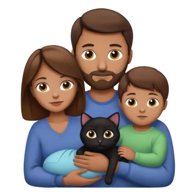 1 mom brown hair, 1 dad NO beard, 1 baby and 1 black cat sticker