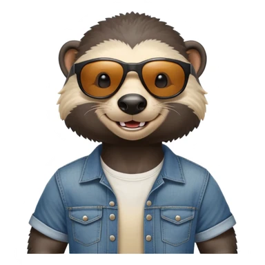 friendly anthropomorphised honey badger in jeans and a t-shirt, wearing sunglasses, head and shoulders view, smiling sticker