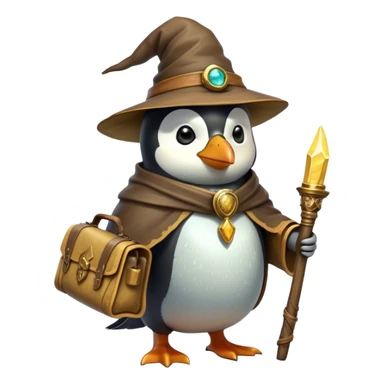 A wizard-explorer penguin inspired by Indiana Jones, wearing a weathered yellow enchanted hat and a flowing cape. It carries a leather satchel with ancient scrolls and holds a glowing magical relic. Cartoon-style, smooth shading, highly detailed, no background sticker