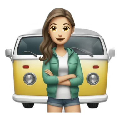 Hip white brunette woman with a sporty camper van sticker