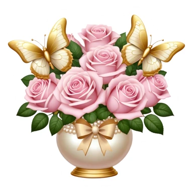 Realistic aesthetic bouquet of roses. Three white and three light pink in a pearl vase and a beige bow with gold decoration and a butterfly with gold and beige wings sticker
