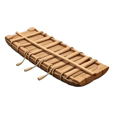 showing a simple wooden raft floating on calm blue water — made of several brown logs tied together with rope — gentle ripples around it — bright, cheerful lighting and soft shadows — minimalist, clean emoji design sticker
