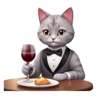 A sophisticated cat wearing a tiny bowtie, sitting at a restaurant table, holding a glass of red wine with a paw, soft lighting, elegant background, cartoonish and cute style, minimal details, emoji design. sticker