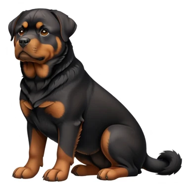 cinematic-[rottweiler]-realistic-full-body-sitting-emoji,-tail-resting-loosely-beside-its-paws,-head-tilted-dramatically, -sleek-[Black and brown]-fur,-simplified-yet-realistic-focused-features,-highly-detailed,-glowing-with-an-almost-sarcastic-glow sticker