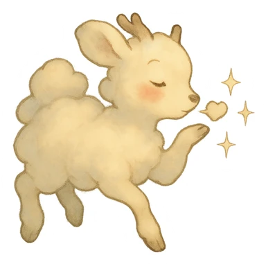 vanilla-colored cloud doe with rosy cheeks, floating, blowing a kiss with sparkles, soft and dreamy ghibli style sticker
