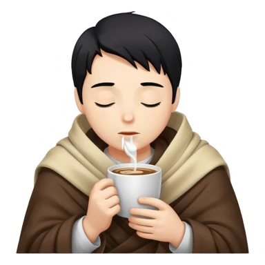 Blonde boy with black hair inside a blanket sipping coffee eyes closed sticker