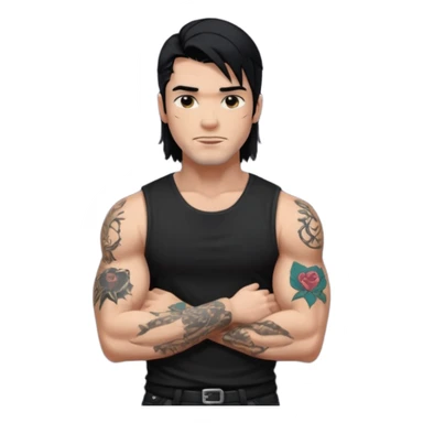 a guy with mullet and tattoos. Black hair.lean but Muscled. wearing a black sleeveless tee sticker