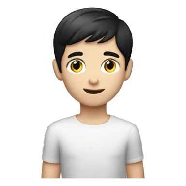 Young Caucasian boy with short black hair and blue eyes raising his hand against a black background sticker