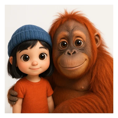 {
  "rendering": "3D rendered digital illustration",
  "materials": "high-detail textures with realistic material rendering",
  "lighting": "studio lighting with soft diffused shadows",
  "shading": "soft ambient occlusion, subsurface scattering on skin",
  "forms": "rounded smooth forms",
  "background": "clean white background",
  "eyes": "glossy reflective eyes",
  "colors": "vibrant saturated colors",
  "surface_detail": "detailed surface textures including fur strands and fabric weave",
  "animal_proportions": "naturalistic proportions for animals and objects",
  "human_proportions": "cute stylized proportions with large expressive eyes for human characters only",
  "subject": "orangoutang"
} sticker