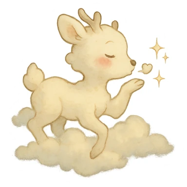 vanilla-colored cloud doe with rosy cheeks, floating, blowing a kiss with sparkles, soft and dreamy ghibli style sticker