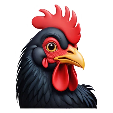 Cinematic Comical Black Rooster Portrait Emoji, Head tilted dramatically with an exaggeratedly shocked or amused expression, featuring a striking pure black plumage with a bold red comb, wide, expressive eyes filled with playful disbelief, Simplified yet hilariously expressive features, highly detailed, glowing with a slightly sassy glow, high shine, dramatic yet playful, stylized with an air of cheeky mischief, bright and endearing, soft glowing outline, capturing the essence of a spirited and over-the-top rooster, so meme-worthy it feels like it could crow its way into internet fame instantly! sticker