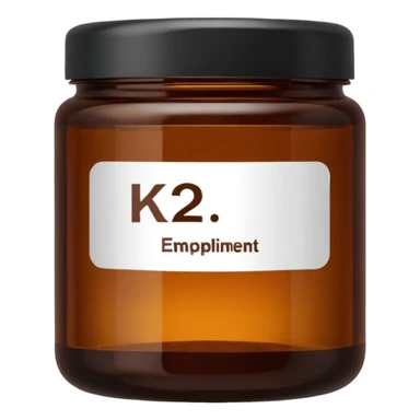 brown glass jar of supplements with white label, black thin title K2  sticker