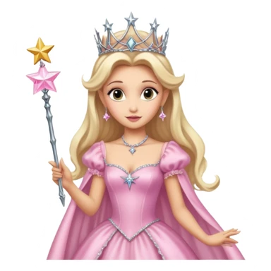 glinda the good witch from wicked movie (ariana grande) blonde hair, beautiful, big silver thin tiara, star wand, pink gown sticker