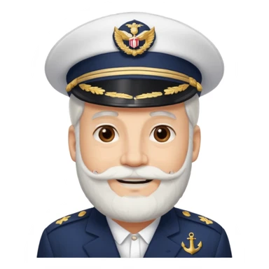 A light-skinned mid-aged man with brown eyes and white beard, smiling while wearing a white captain’s hat with a navy emblem. sticker
