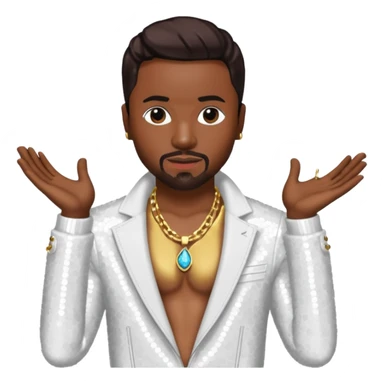Teddy Riley with dark brown hair, white sequin jacket, shirtless with necklace  sticker