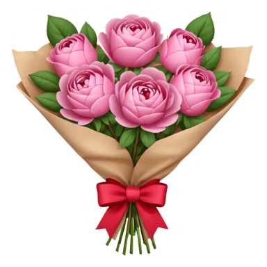 Bouquet of pink flower like rose and peony wrapped in kraft paper with red bow sticker