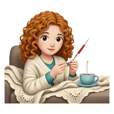 26 year old woman with wavy hair. She is crocheting a garment with a crochet hook and ball of yarn is near her. She is laying on the couch, under a blanket that covers her body and legs. Near her there is a cup of tea sticker