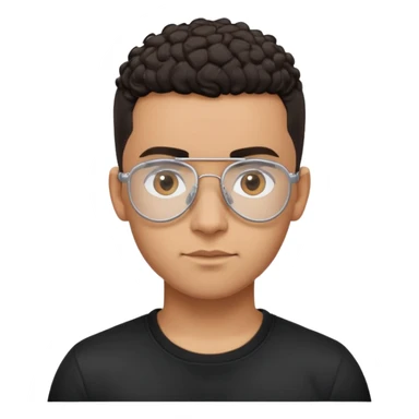 Young Latino man with small oval face and big forehead, clear lens aviator-style eyeglasses with metal frames, completely bald/shaved sides with very short curly dark hair only on top of head, neutral-friendly expression, brown skin, wearing a black t-shirt sticker