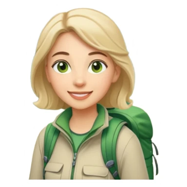 woman hiking in the woods in the sunshine. light face and green eyes. sticker