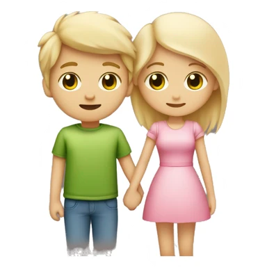 A couple, a cute girl with blonde hair and green eyes holding hands with a cute boy with brown spiky hair and a pink heart in between them sticker