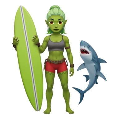 orc female holds a little surfboard with a shark painted vertically in his hands sticker