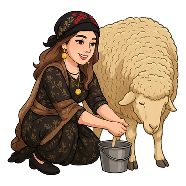 Create a Kurdish cartoon sticker of the same woman in a new Kurdish dress, milking a goat or sheep in the exact pose and hand position as shown in the reference photos. The style should be realistic and clear cartoon style with no text and a transparent background. sticker