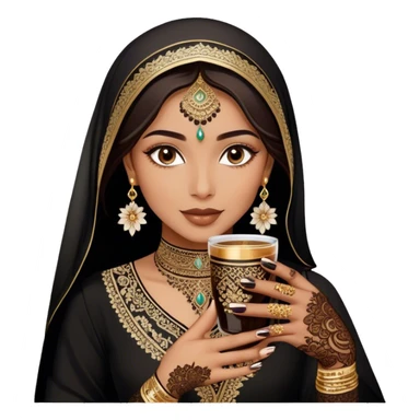 A delicate hand adorned with intricate floral henna designs holds a traitional glass of Arabic coffee. The deep brown henna contrasts beautifully with the rich embroidery of the black outfit, which features shimmering floral patterns. A gold ring and dark nail polish add elegance to the aesthetic. sticker