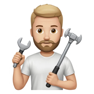  guy who looks very handsome, he has a beard, wears a white tee shirt and holds a wrench in one hand and a black hammer in the other  sticker