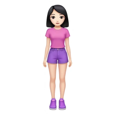 female, slim hourglass shaped body, black hair, pink t-shirt, purple wide leg shorts, black shoes, full body sticker