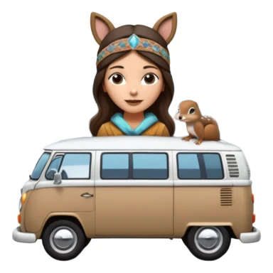 A parked VW bus painted white and black and filled with different 3d crystals and 3d crystals secured to roof surrounded by winter scenery with squirrels, birds, rabbits, wolves and driven by a brunette hippie with headband sticker