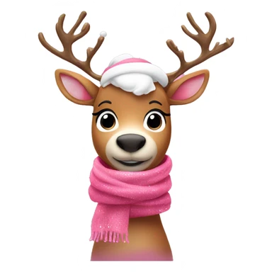Pink reindeer with cute expression, festive scarf, and sparkles around sticker