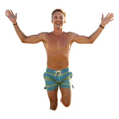 A white man running into the ocean with arms wide open, embracing the waves and the moment. The sun shines warmly, and the water sparkles, symbolizing the joy of creating fun and appreciating life’s simple moments. Their footprints in the sand fade as they fully immerse themselves in the present. sticker