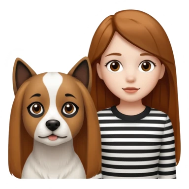 girl with white skin, brown eyes, long straight brown hair, standing next to a white dog with a black face, stripe down the middle, and brown and caramel brown spots on the sides of the mouth sticker
