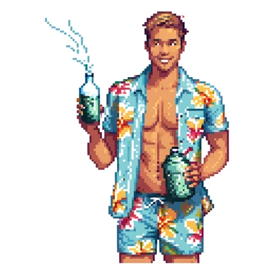 human male Unbuttoned Hawaiian shirt, swim trunks, shaking a cocktail shaker (sparks flying) sticker